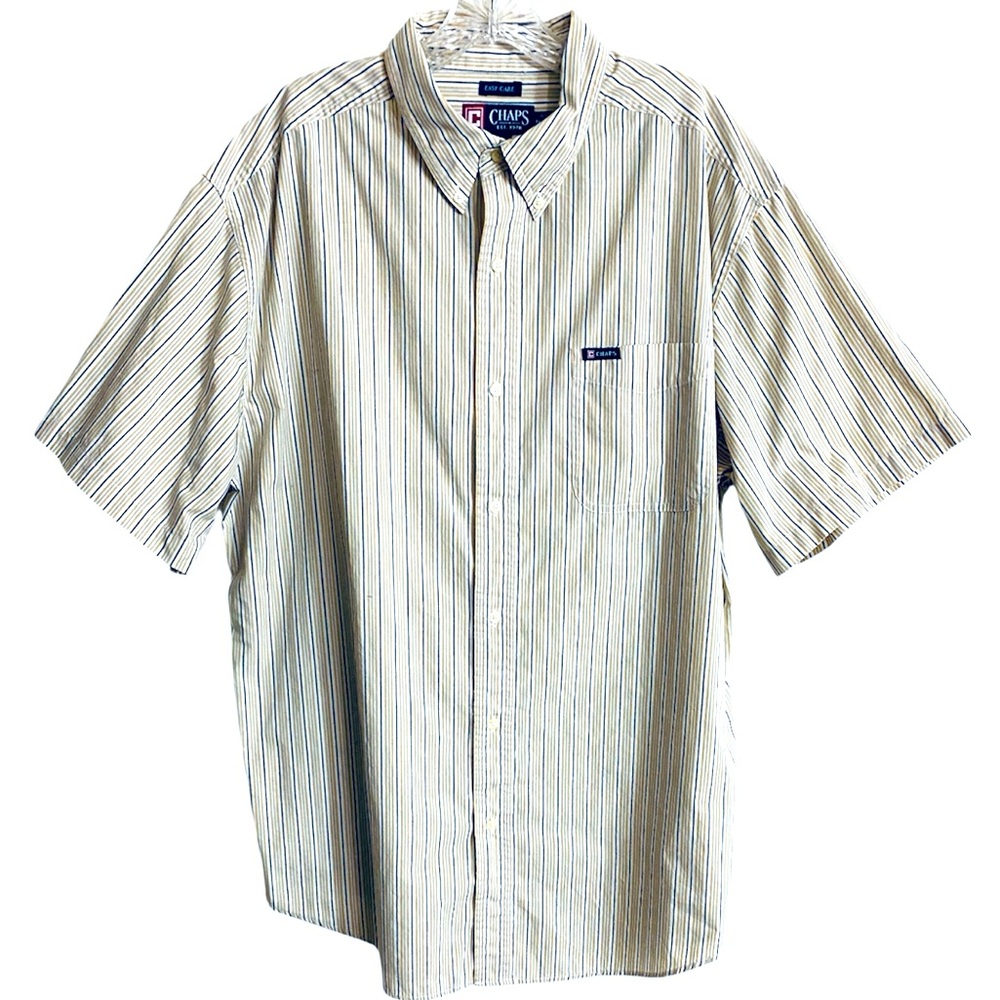 CHAPS Striped Shirt Men's Sz XL White Blue Yellow Short Sleeve Button Up